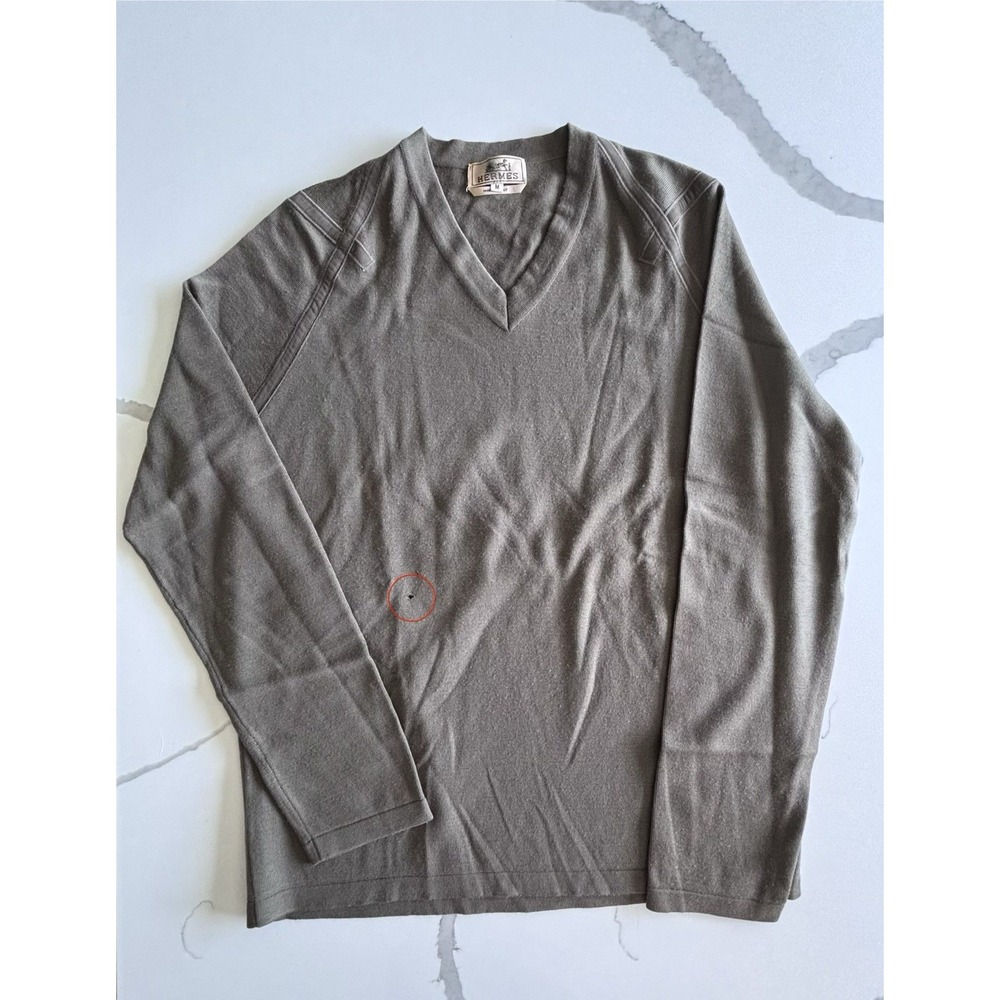 Hermes Merino Wool Green Khaki V-Neck Sweater Men's Size Medium TLC Repair